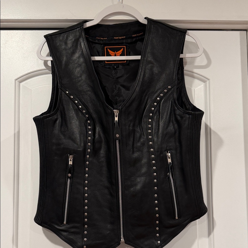 A&H Apparel Black Studded Leather Zip-Front Women's Vest large